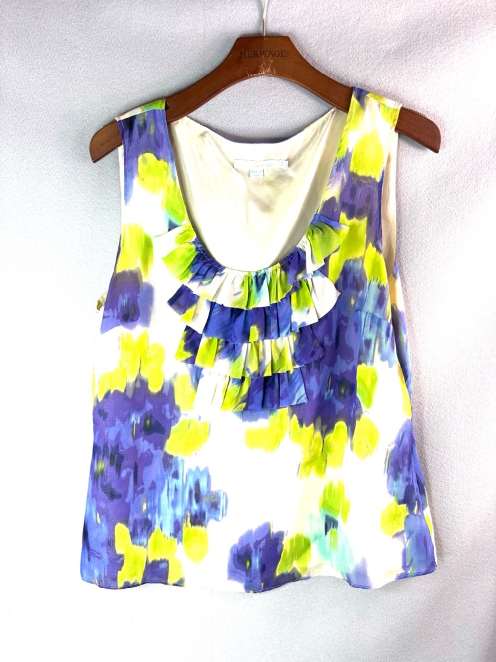 Boden 12 Silk Sleeveless Ruffle-Front Watercolor Floral Blue & Yellow Tank Top